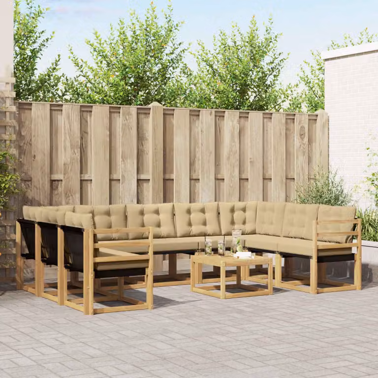 vidaXL Set di divani da esterno componibile 10 pezzi in legno di acacia con cuscini bianchi e beige