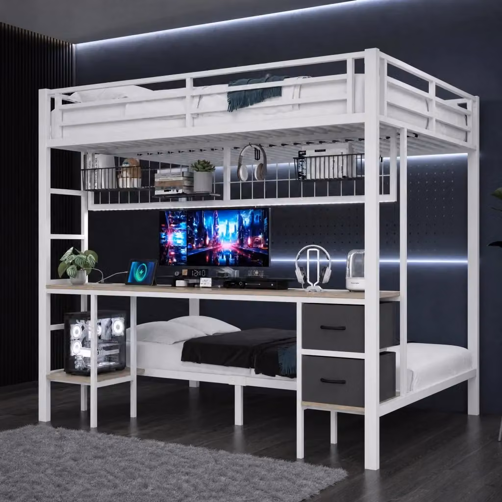 Letto a castello REDOM in metallo bianco per bambini con scrivania, cassetti, illuminazione sottostante e porta USB, L/P/H: 200 x 140 x 204 cm – 2