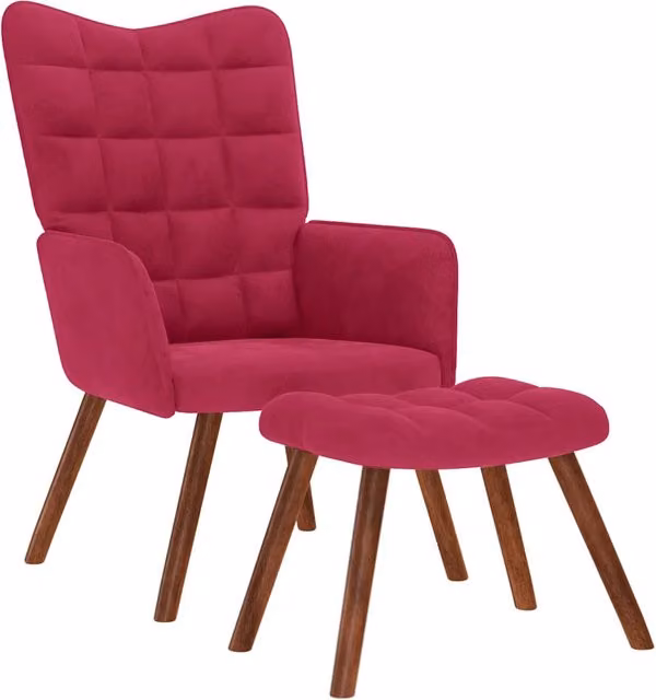 Poltrona Relax con Poggiapiedi in Velluto Rosso con Braccioli e Struttura in Legno e Metallo