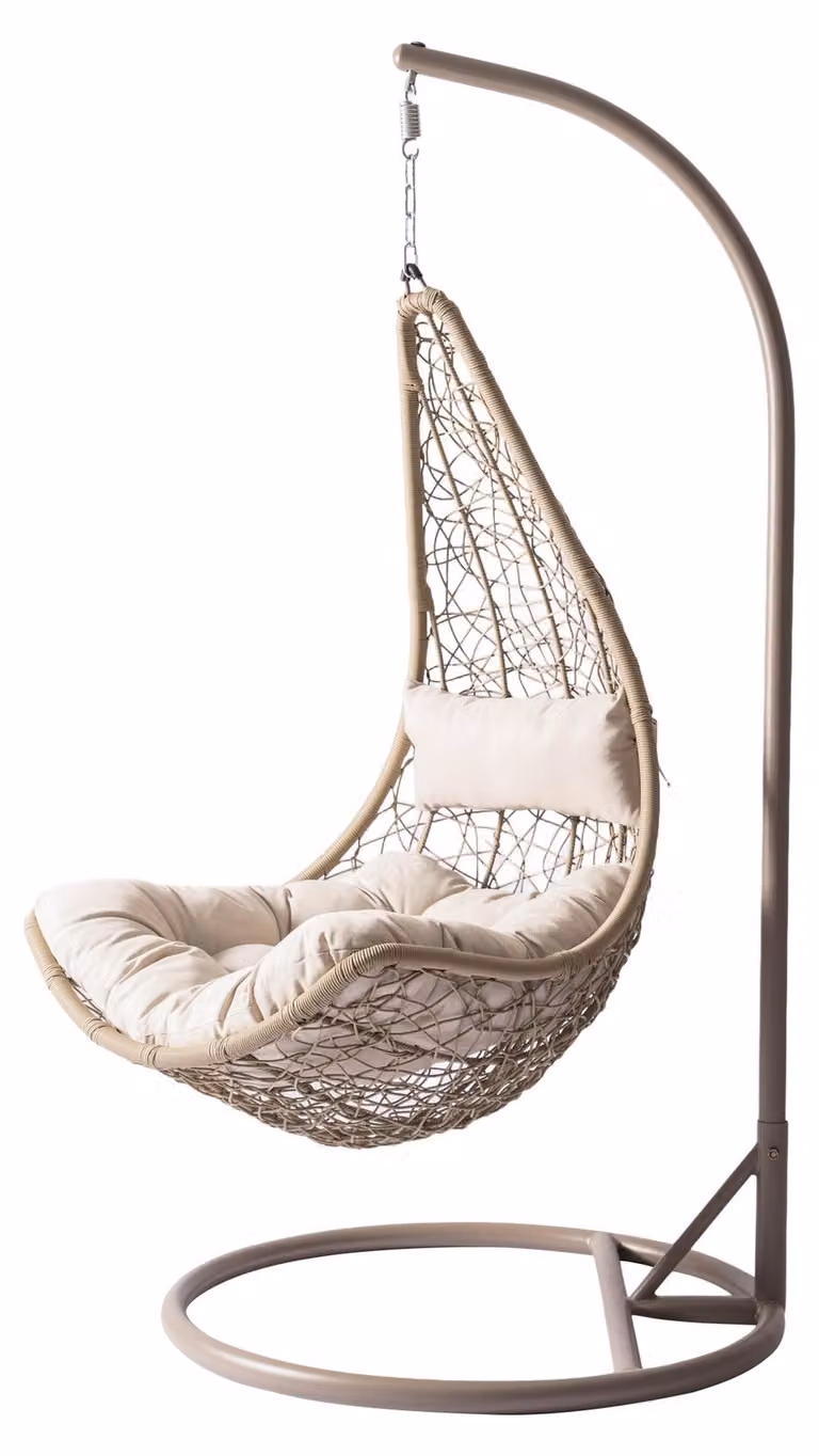 MIRJAN24 Poltrona sospesa Boho, mobili da giardino di design, poltrona da giardino con struttura in acciaio, cesto sospeso, bozzolo (colore: beige, cuscini: beige)