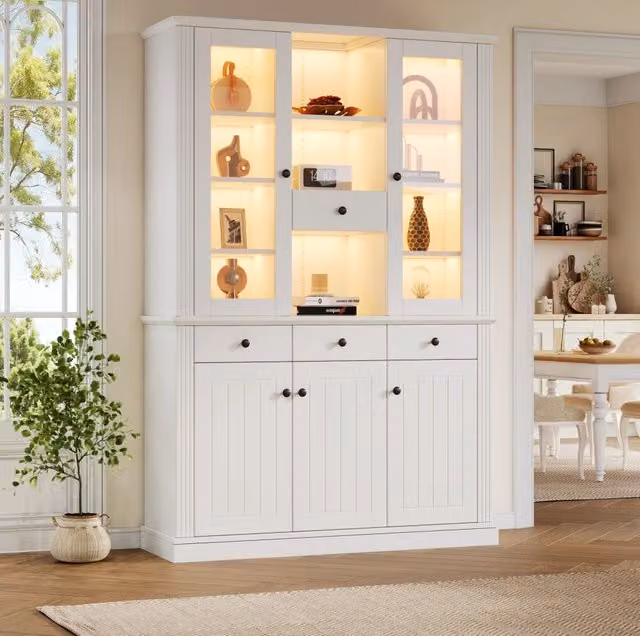 Vetrina da terra 119;5x40x180 cm con 4 cassetti; 5 porte; LED; MDF e vetro temperato bianco