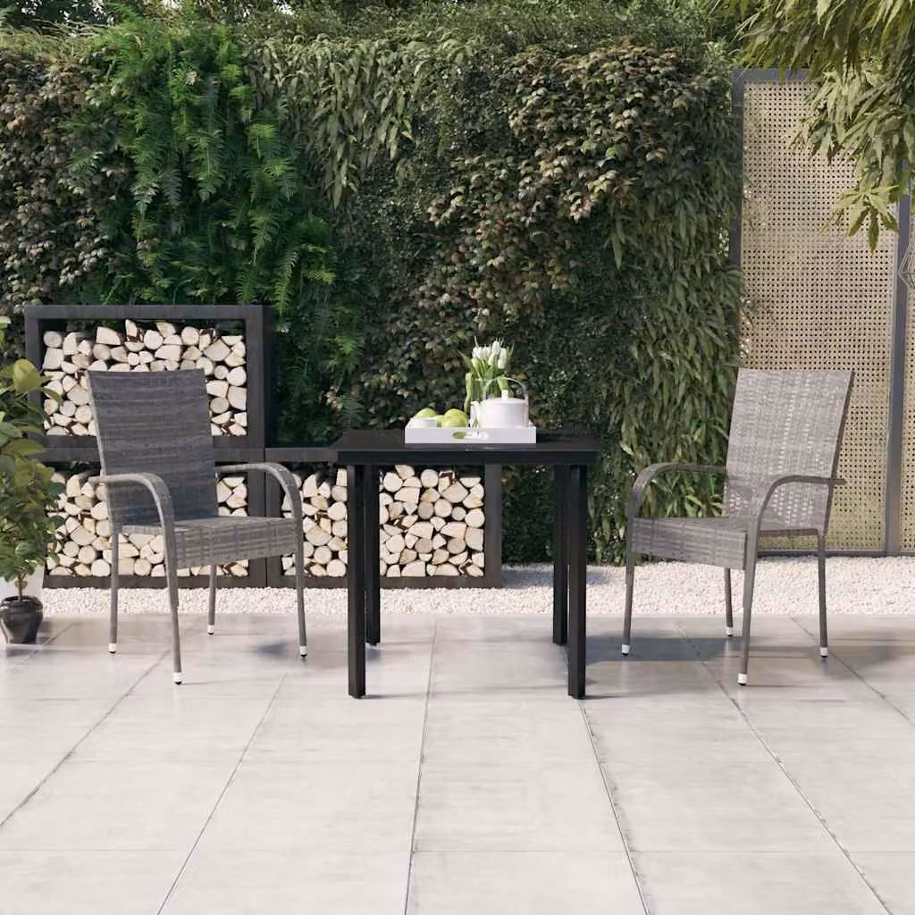 Set da pranzo da giardino vidaXL in polyrattan con tavolo in vetro e 7 pezzi, Grigio e Nero