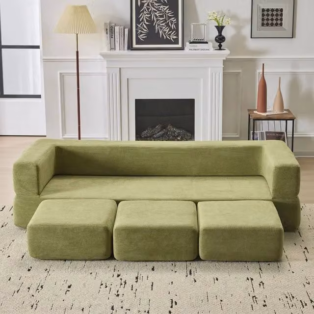 Divano Letto con Poggiapiedi Chenille ¨C Xylo ¨C Verde, Schiuma ad Alta Elasticit¨¤