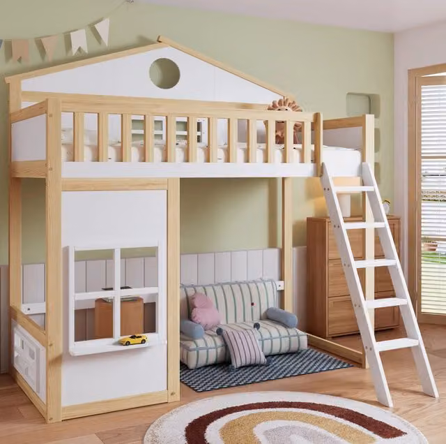 Letto a castello per bambini 90x200 cm con scala; tetto e finestre in legno massello e MDF; bianco e naturale