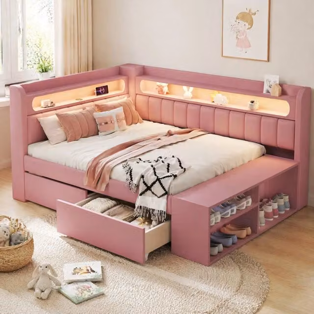Letto da giorno imbottito ULEVR 90x200 cm con LED a 7 colori, USB, 2 cassetti e scarpiera, rosa