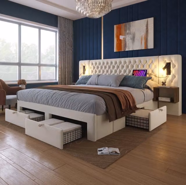 Set letto matrimoniale imbottito 180×200 cm con 2 comodini, 4 cassetti, luci da lettura e stazione di ricarica USB/Type C, velluto beige