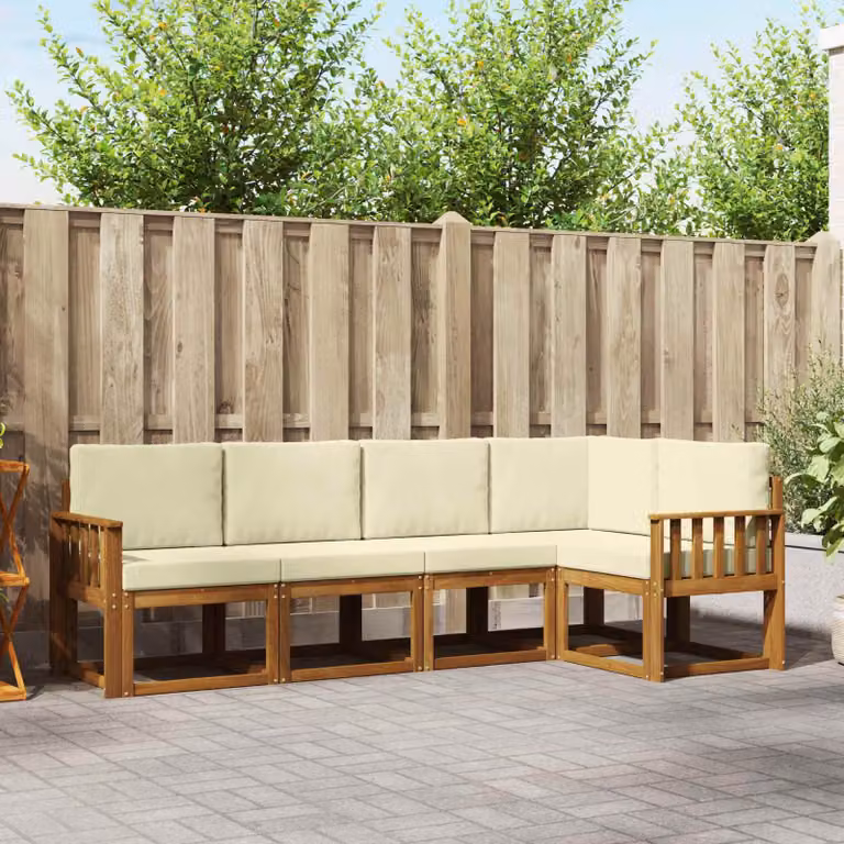 Set di divani da esterno vidaXL a forma di L composto da 5 pezzi in legno di acacia con cuscini inclusi, colore beige e marrone