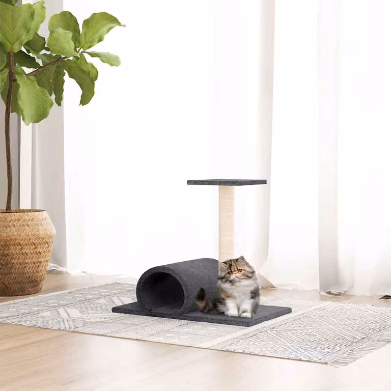 vidaXL Palo Tiragraffi per Gatti con Tunnel in Sisal, Grigio Scuro, L/P/H: 60 x 34,5 x 50 cm