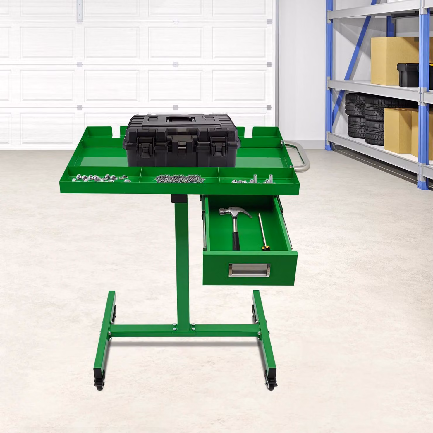 Carrello portautensili - Tavolo da lavoro su ruote - Portata 100 kg - Ruote con freno - Cassetto e ripiano 74×51,5 cm - Acciaio al carbonio e acciaio inossidabile - Verde