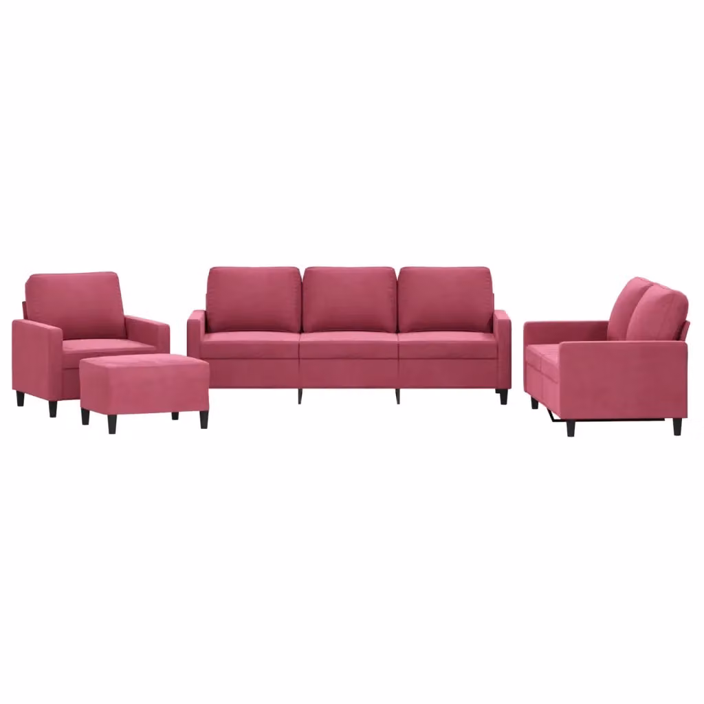 Set di divani 4 pezzi vidaXL in velluto rosso con pouf e cuscini per soggiorno moderno – 2
