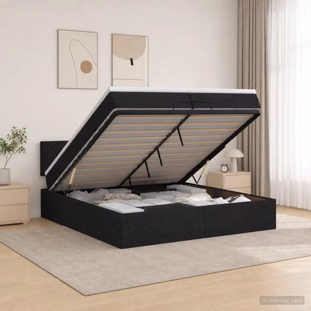 Letto ottomano moderno vidaXL con materasso ibrido e base a contenitore, colore nero, L/P/H: 200 x 200 x 140 cm – 1