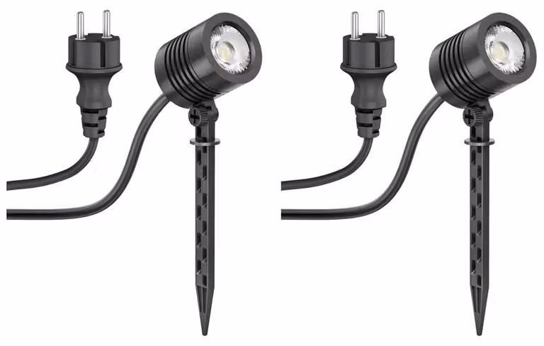 2 faretti LED da giardino compatti, con picchetto per l'installazione esterna, grado di protezione IP65, colore nero, potenza 4,3 W, flusso luminoso 340 lm