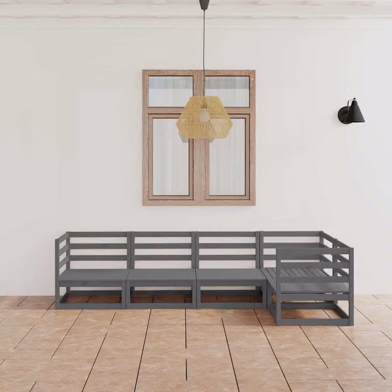 Set di divani da giardino vidaXL a forma di L composto da 5 pezzi in legno di pino massello con cuscini grigi