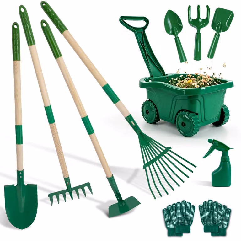 Carrettina da giardino Kinder con 11 pezzi di attrezzi da giardinaggio