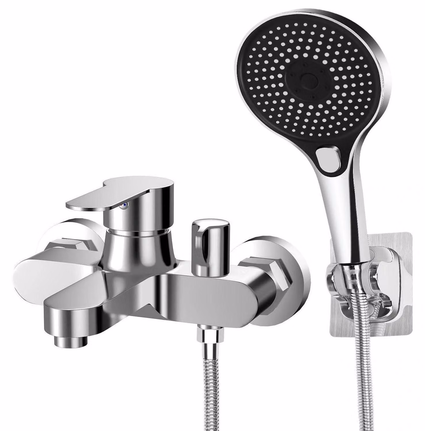 Miscelatore per vasca da bagno con doccetta manuale, in ottone cromato, con 3 getti, da montare a parete, distanza tra i fori: 150 mm