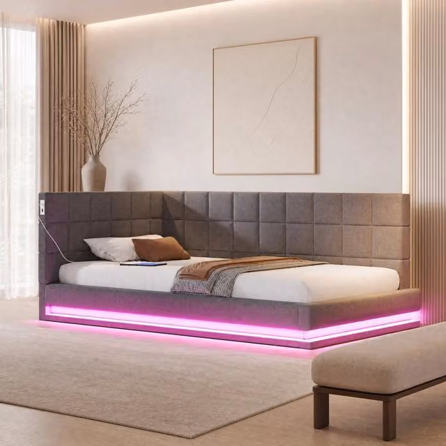 Divano Letto Imbottito 90x200 con LED, Presa USB e Rete a Doghe, Tessuto di Lino Grigio