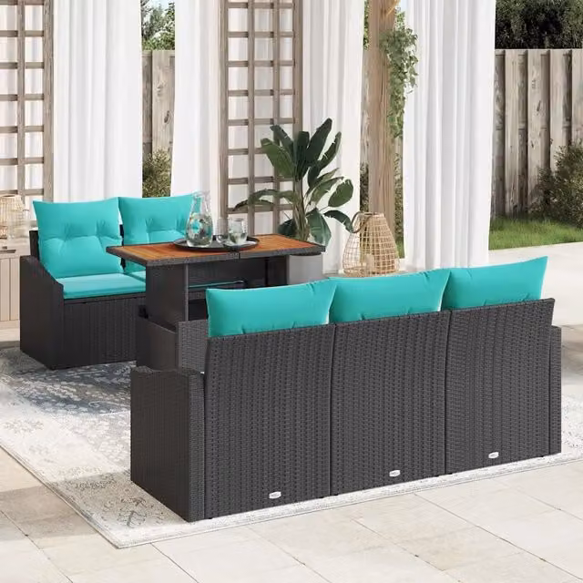 Set Divano da Giardino Moderno vidaXL a 6 Pezzi con Tavolino e Ottoman, Colore Nero e Petrolio