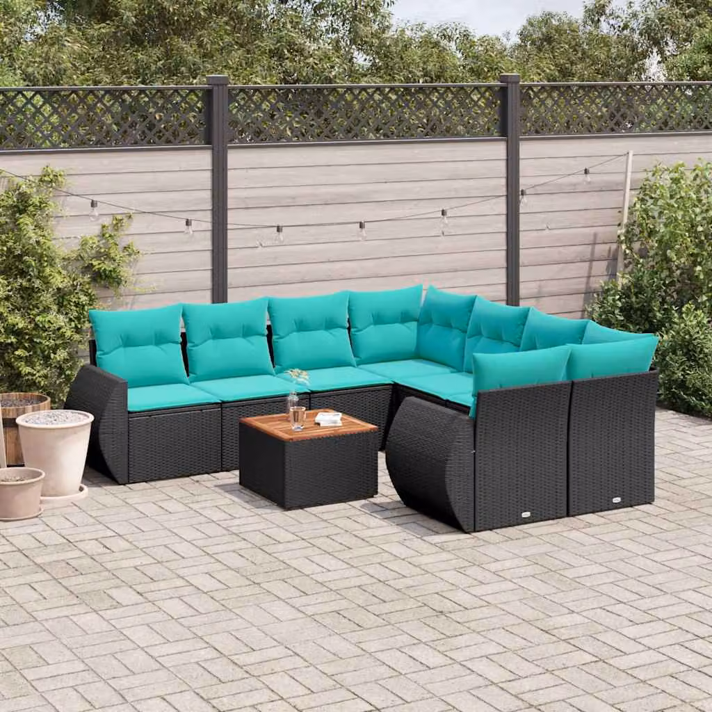 Set di divani da giardino vidaXL in polyrattan a forma di U composto da 9 pezzi con cuscini e tavolino da esterno nero