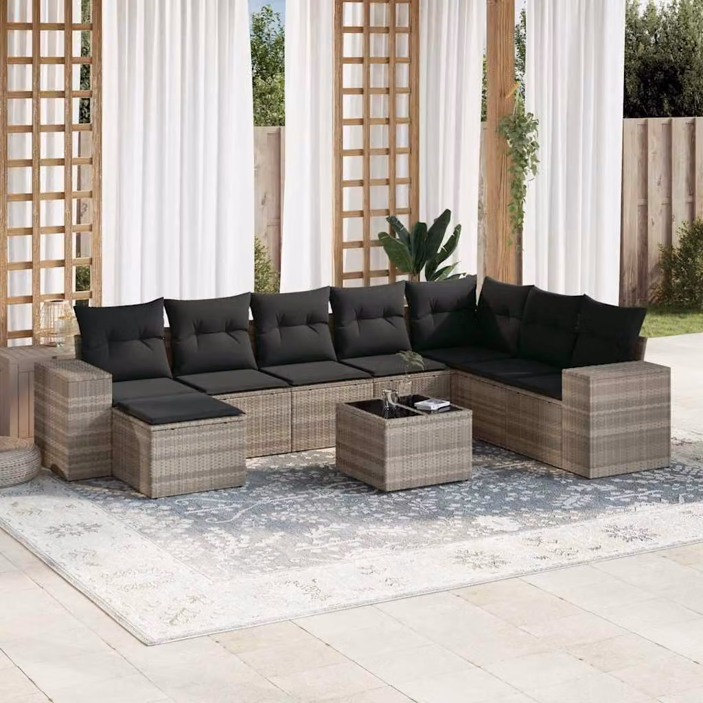 vidaXL Set Divano da Giardino a L 9pz in Polyrattan Grigio con Cuscini e Tavolino – 1