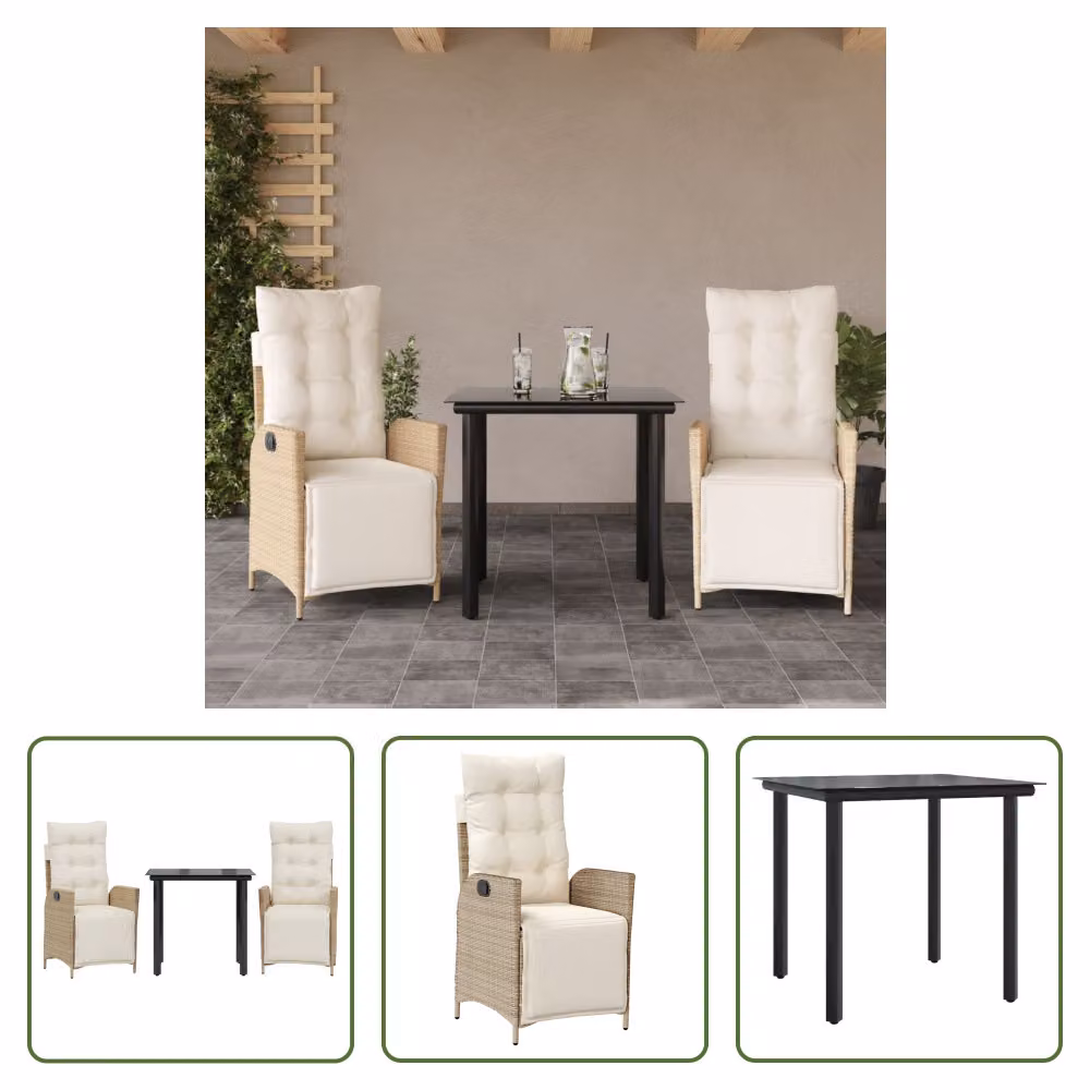 The Living Store Set da pranzo da giardino 3 pezzi con cuscini Beige poly rattan