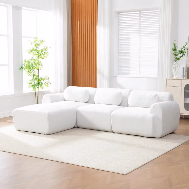 Divano modulare a forma di L, divano angolare a 3 posti - Tessuto in chenille - Imbottitura in schiuma ad alta elasticità (30D) - Struttura leggera - Fondo antiscivolo - Montaggio semplice - Avorio