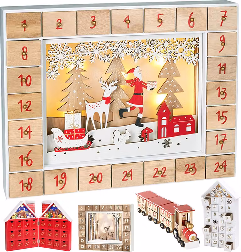 Brubaker Calendario dell'Avvento in legno riutilizzabile da riempire - Babbo Natale nella foresta con illuminazione a LED - Calendario natalizio fai da te 35,5 x 6 x 27 cm