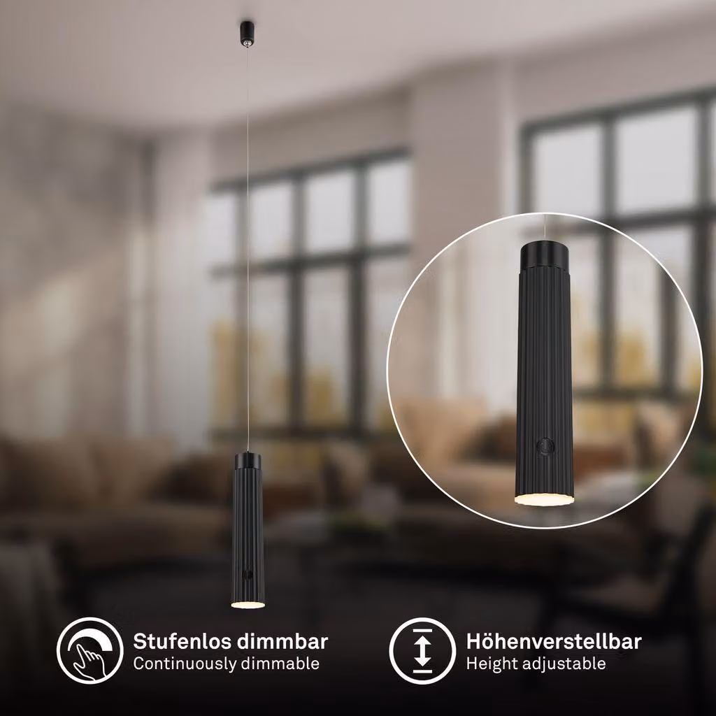Briloner Lampada a sospensione a batteria regolabile in altezza Ø4,5x20,5 cm 3,5W 280lm 3000 K bianco caldo dimmerabile nero - Lampadario sala da pranzo cucina soggiorno