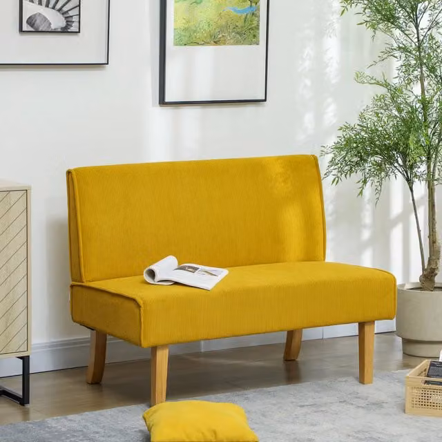 Divano a 2 posti REDOM giallo con struttura in legno e rivestimento in tessuto, L: 110 cm, P: 62 cm, H: 85 cm