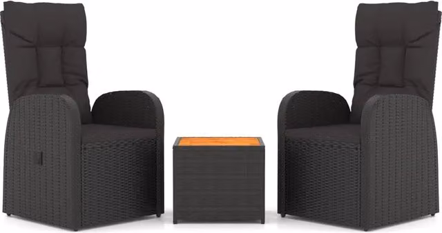 Set Mobili Giardino 3pz | Set Salotto da Giardino Nero Polyrattan e Legno Massello Acacia