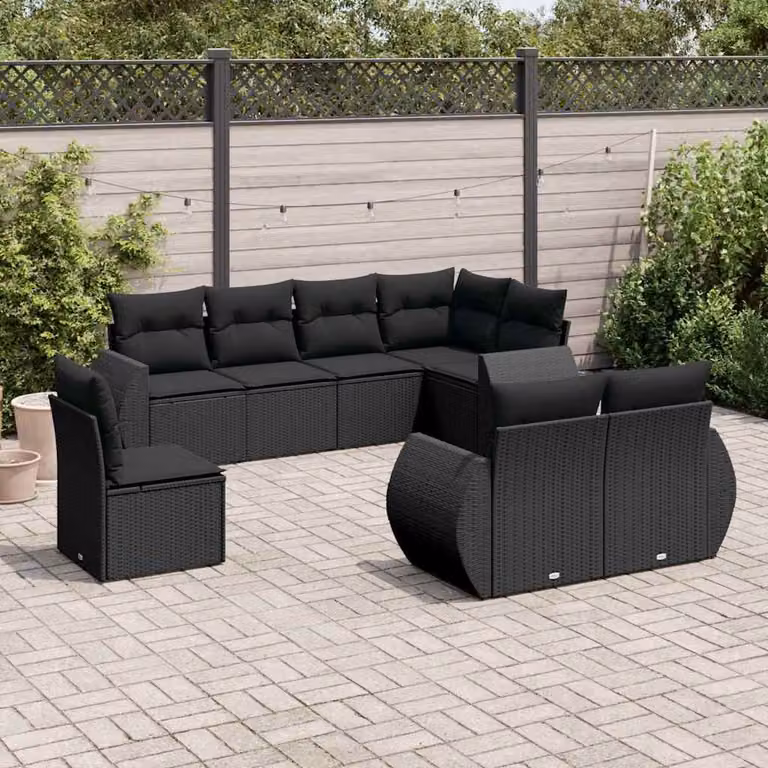 Set Divani da Giardino a L vidaXL in Polyrattan Nero con 8 Cuscini Imbottiti e Coperture Rimovibili