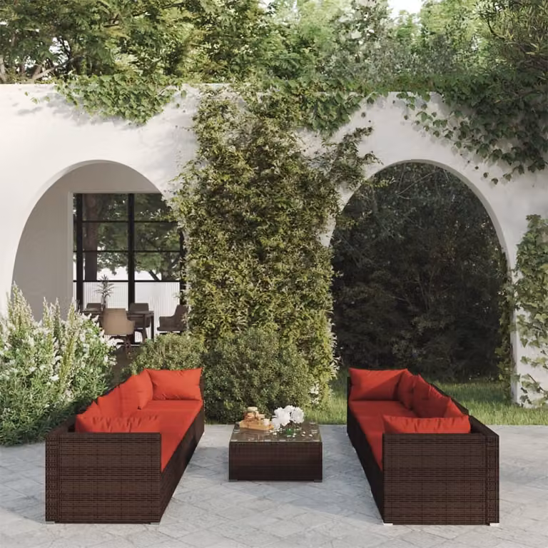 Maison Exclusive - Set da giardino da 9 pezzi con cuscini in polyrattan marrone