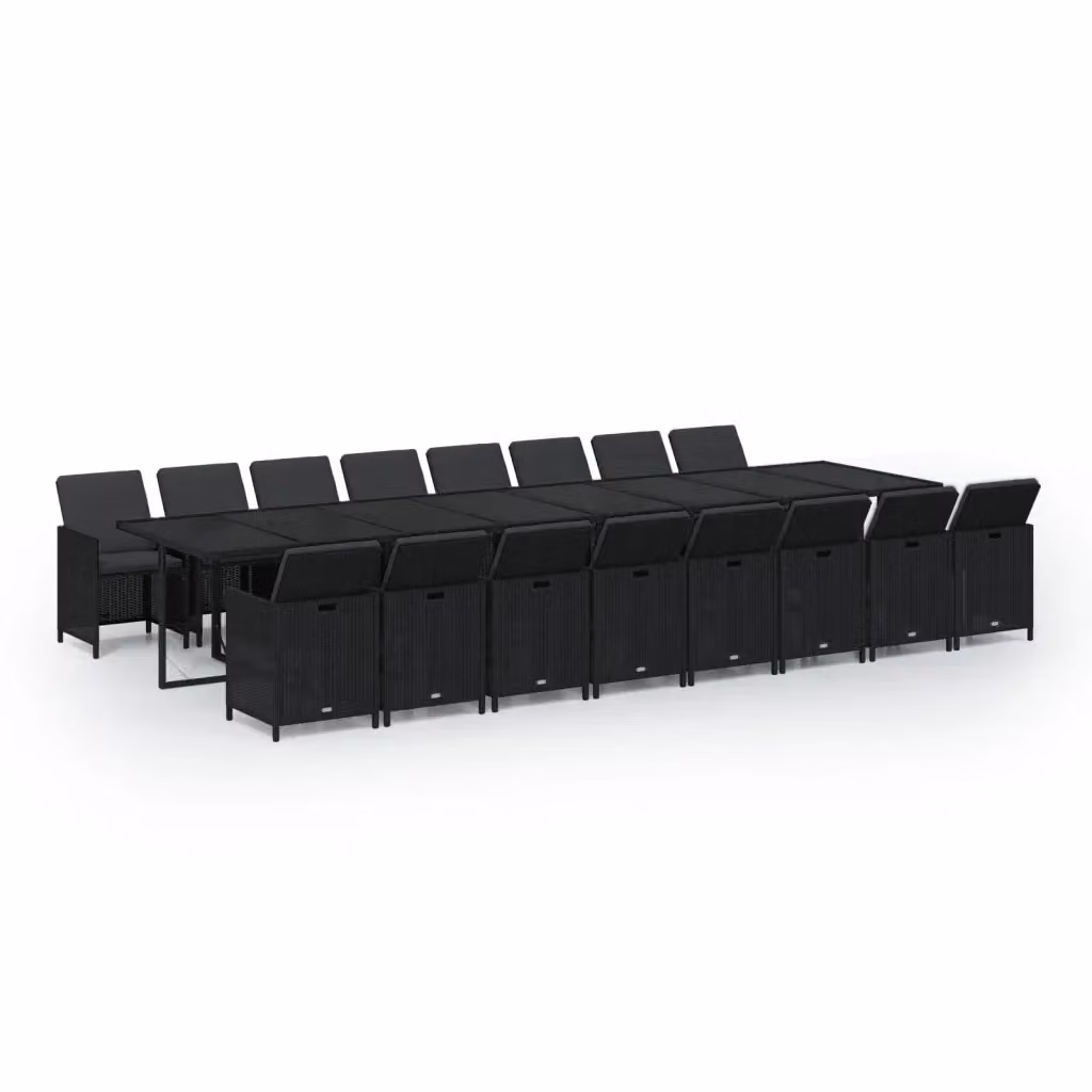 Set da Pranzo da Giardino vidaXL in Polyrattan Nero con Cuscini e Tavolo in Vetro, 17 Pezzi – 2