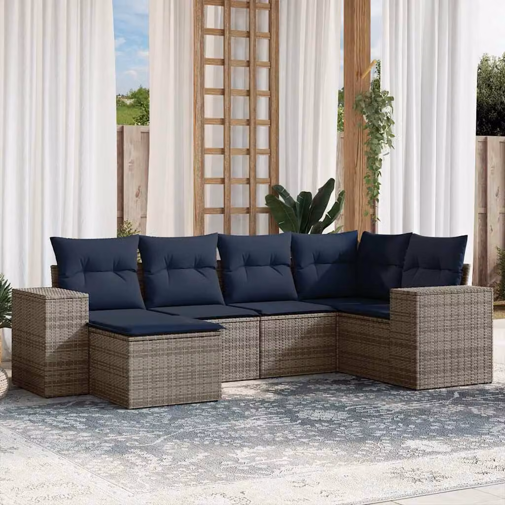 Set di divani da giardino vidaXL in polyrattan grigio con 6 pezzi e cuscini inclusi