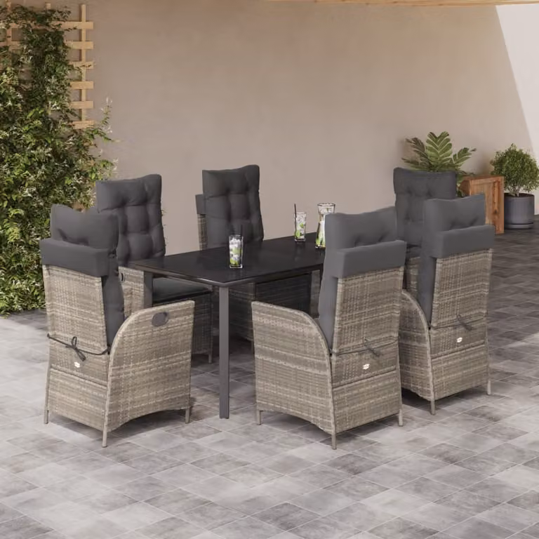 Set da pranzo da giardino vidaXL in polyrattan con piano in vetro e cuscini, 7 pezzi, antracite