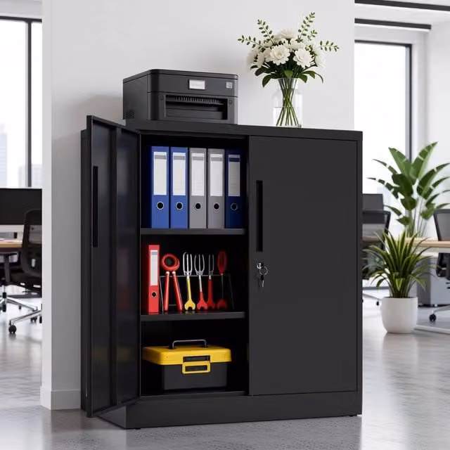 Armadio contenitore in metallo con 2 ante chiudibili e 2 ripiani regolabili per garage e ufficio, nero, 80×40×90 cm