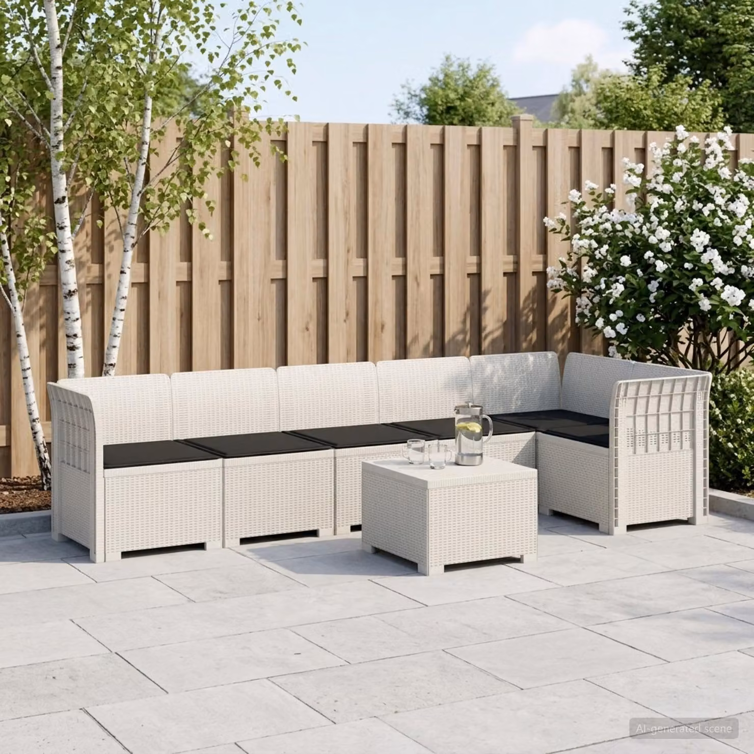 Set da giardino vidaXL a forma di L con divano da 6 posti, elemento angolare e tavolino, in rattan e materiale resistente alle intemperie, colore bianco o antracite