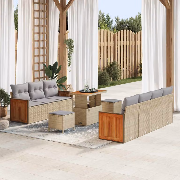 Set Divano da Giardino vidaXL 10 Pezzi con Cuscini Beige e Grigio in Acciaio Verniciato e Tessuto