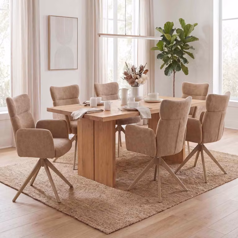 Set di 6 sedie da pranzo modello HWC-N11, sedia girevole con meccanismo di ritorno automatico, rivestita in tessuto bouclé (350g/m²), colore beige chiaro, gambe effetto legno