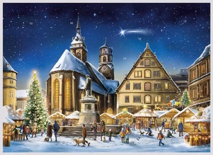 Calendario dell'Avvento di Stoccarda, con vista su Schillerplatz e sulla Stiftskirche