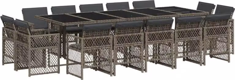 Set da Pranzo da Giardino 15 pz con Cuscini Grigio Polyrattan