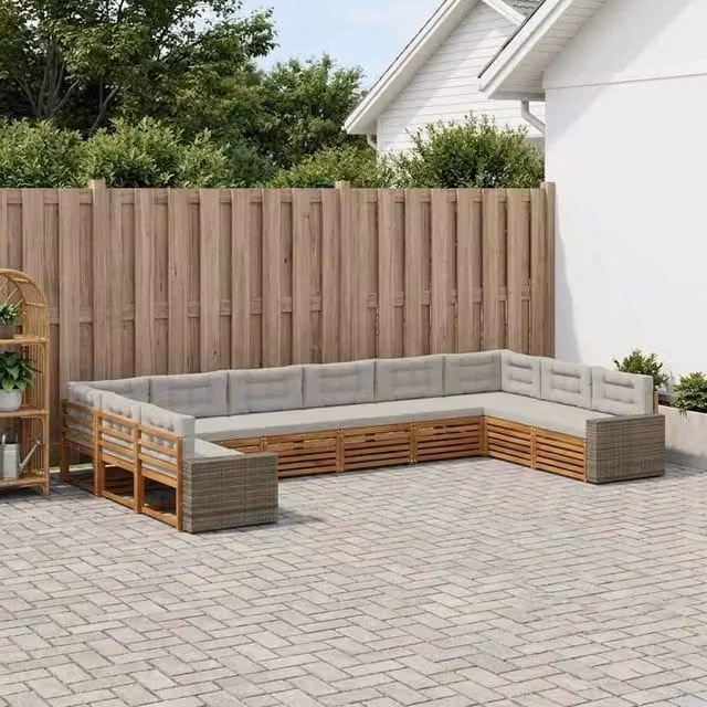 Set di divani da giardino vidaXL in legno di acacia con cuscini beige e grigi – 1