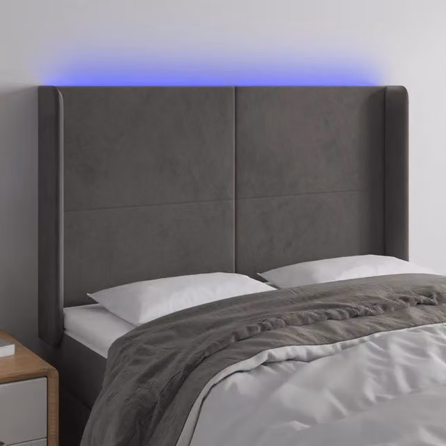Testiera con LED Design Mania in Velluto Grigio Scuro con Porta USB L: 147 cm, P: 16 cm, H: 118-128 cm – 1