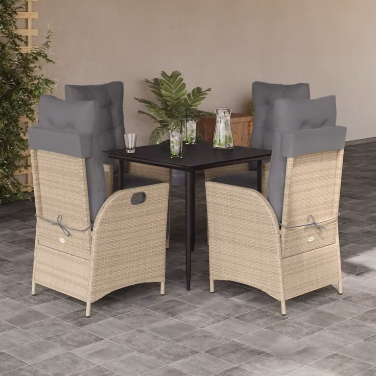 Set da Pranzo da Giardino vidaXL in Polyrattan con Cuscini Beige e Tavolo in Vetro 5 pz