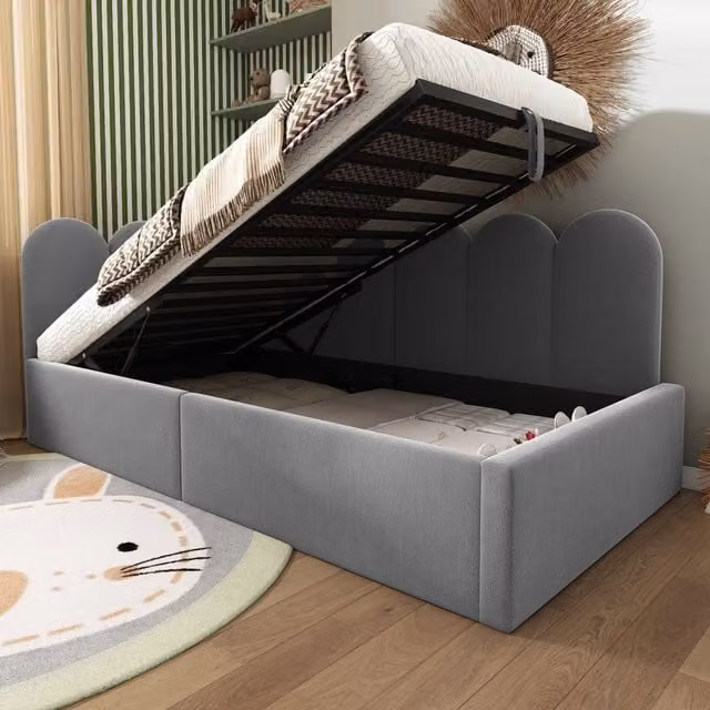 Letto da Giorno 90x200 cm in Velluto Grigio con Contenitore Idraulico e Rete a Doghe in Metallo