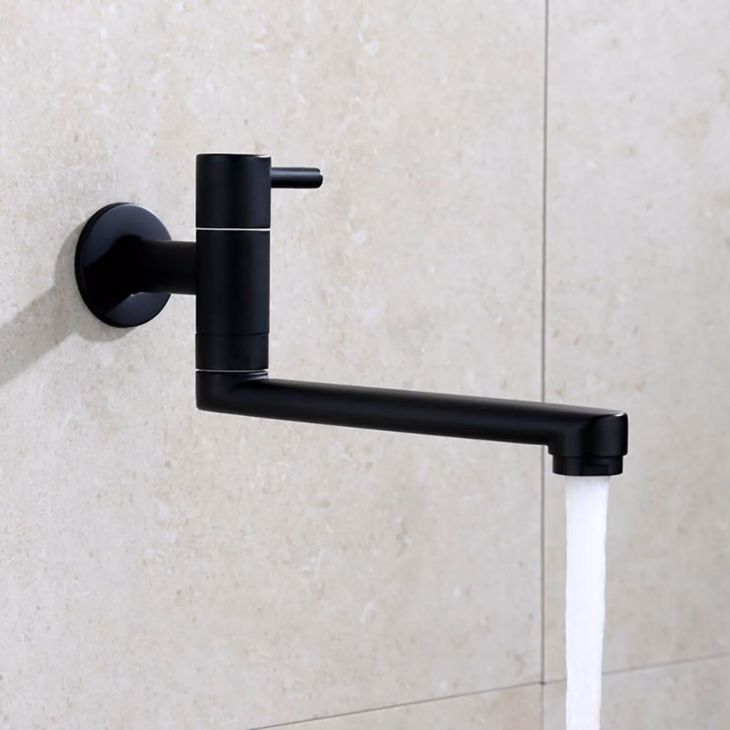 Rubinetto da cucina, montaggio a parete, solo acqua fredda, rotazione a 360°, bocca da 18 cm, acciaio inossidabile, colore nero