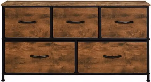 Armadio da ingresso in stile rustico con 5 cassetti, struttura in metallo e pannelli in MDF, color vintage marrone, 100x54x30 cm
