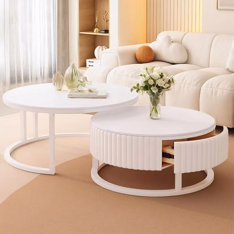 Set di tavolini da caffè rotondi, bianchi, composto da 2 pezzi, con diametro di 50 cm e 70 cm, effetto marmo e con spazio contenitivo