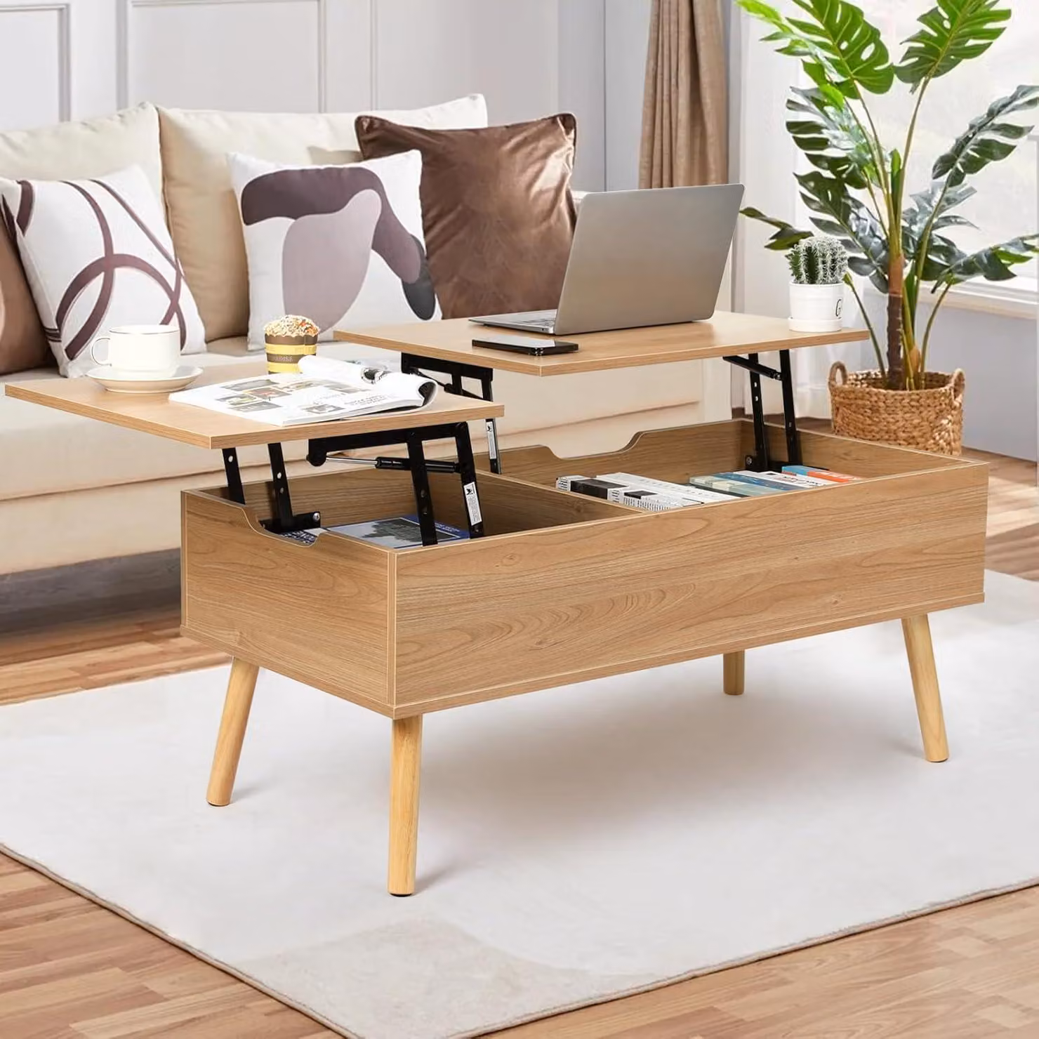 Tavolino da divano, altezza regolabile, aspetto legno, dimensioni 100,5 x 50,5 x 43,5 cm, con spazio contenitivo