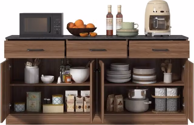 Madia moderna in MDF per cucina e soggiorno con 3 cassetti e 2 vani con ripiani regolabili, colore noce, L: 160 cm, P: 37 cm, H: 76,5 cm