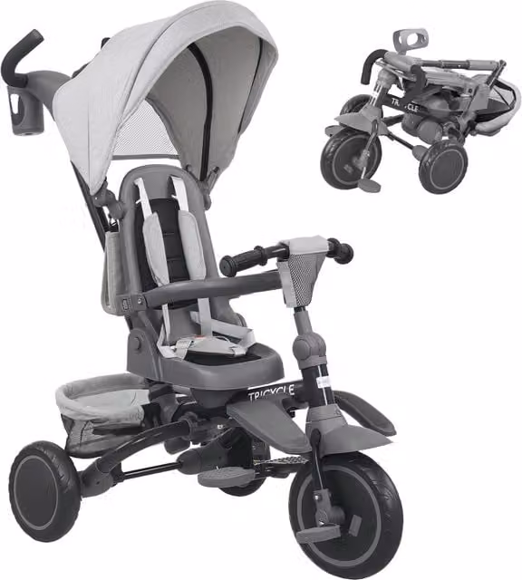 AIYAPLAY Triciclo 6 in 1 per Bambini con Maniglione di Spinta e Sedile Girevole, Pieghevole, Grigio, L: 111.5 cm, P: 52 cm, H: 98 cm